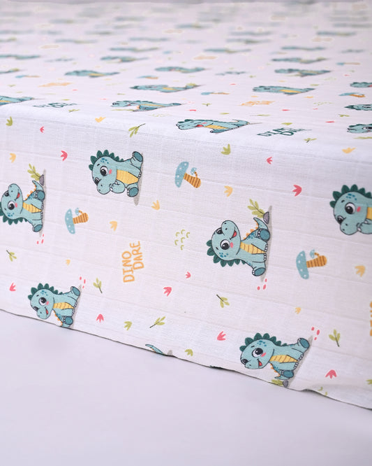 Twingle 100% Organic Muslin Fitted Cot Bedsheet-Dino Dare-Generously Sized-Secured All-Round Elastic for Snug Fit-Softens with each Wash-White-Pack of 1-For Infants