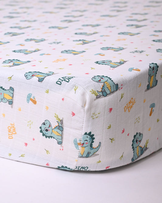 Twingle 100% Organic Muslin Fitted Cot Bedsheet-Dino Dare-Generously Sized-Secured All-Round Elastic for Snug Fit-Softens with each Wash-White-Pack of 1-For Infants
