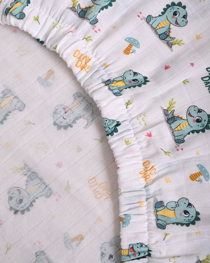 Twingle 100% Organic Muslin Fitted Cot Bedsheet-Dino Dare-Generously Sized-Secured All-Round Elastic for Snug Fit-Softens with each Wash-White-Pack of 1-For Infants