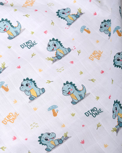 Twingle 100% Organic Muslin Fitted Cot Bedsheet-Dino Dare-Generously Sized-Secured All-Round Elastic for Snug Fit-Softens with each Wash-White-Pack of 1-For Infants