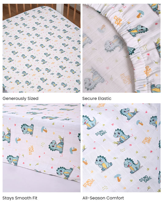 Twingle 100% Organic Muslin Fitted Cot Bedsheet-Dino Dare-Generously Sized-Secured All-Round Elastic for Snug Fit-Softens with each Wash-White-Pack of 1-For Infants