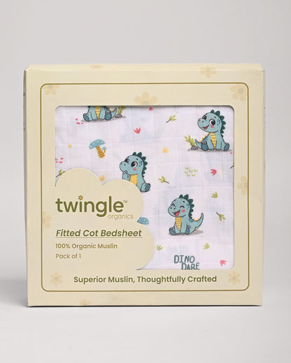 Twingle 100% Organic Muslin Fitted Cot Bedsheet-Dino Dare-Generously Sized-Secured All-Round Elastic for Snug Fit-Softens with each Wash-White-Pack of 1-For Infants