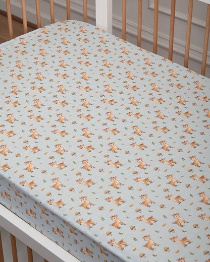 Twingle 100% Organic Muslin Fitted Cot Bedsheet-Fawnie Friends-Generously Sized-Secured All-Round Elastic for Snug Fit-Softens with each Wash-Light Blue-Pack of 1-For Infants