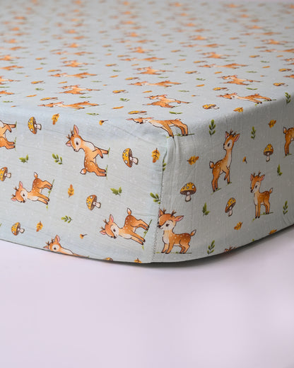 Twingle 100% Organic Muslin Fitted Cot Bedsheet-Fawnie Friends-Generously Sized-Secured All-Round Elastic for Snug Fit-Softens with each Wash-Light Blue-Pack of 1-For Infants