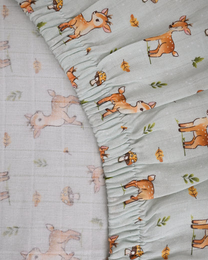 Twingle 100% Organic Muslin Fitted Cot Bedsheet-Fawnie Friends-Generously Sized-Secured All-Round Elastic for Snug Fit-Softens with each Wash-Light Blue-Pack of 1-For Infants