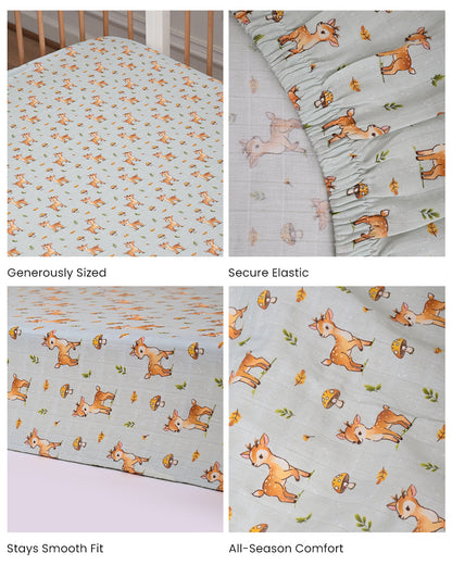 Twingle 100% Organic Muslin Fitted Cot Bedsheet-Fawnie Friends-Generously Sized-Secured All-Round Elastic for Snug Fit-Softens with each Wash-Light Blue-Pack of 1-For Infants
