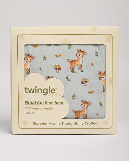 Twingle 100% Organic Muslin Fitted Cot Bedsheet-Fawnie Friends-Generously Sized-Secured All-Round Elastic for Snug Fit-Softens with each Wash-Light Blue-Pack of 1-For Infants
