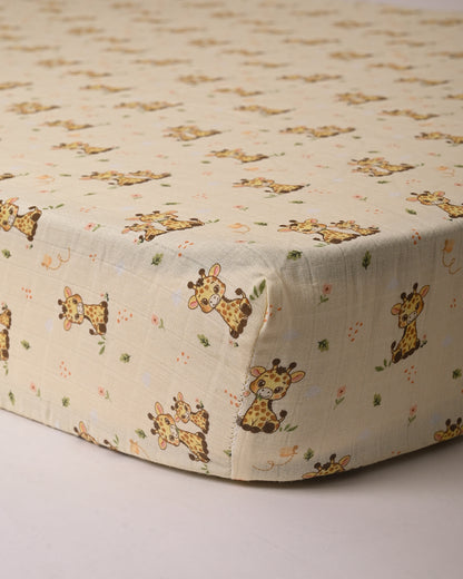 Twingle 100% Organic Muslin Fitted Cot Bedsheet-Giffy Garden-Generously Sized-Secured All-Round Elastic for Snug Fit-Softens with each Wash-Cream-Pack of 1-For Infants