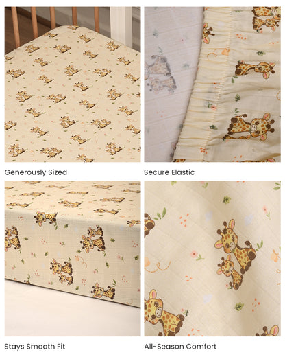 Twingle 100% Organic Muslin Fitted Cot Bedsheet-Giffy Garden-Generously Sized-Secured All-Round Elastic for Snug Fit-Softens with each Wash-Cream-Pack of 1-For Infants