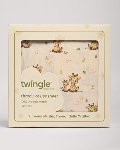 Twingle 100% Organic Muslin Fitted Cot Bedsheet-Giffy Garden-Generously Sized-Secured All-Round Elastic for Snug Fit-Softens with each Wash-Cream-Pack of 1-For Infants
