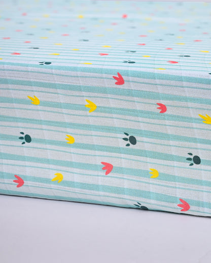 Twingle 100% Organic Muslin Fitted Cot Bedsheet-Paw Strokes-Generously Sized-Secured All-Round Elastic for Snug Fit-Softens with each Wash-Blue-Pack of 1-For Infants