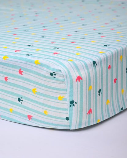 Twingle 100% Organic Muslin Fitted Cot Bedsheet-Paw Strokes-Generously Sized-Secured All-Round Elastic for Snug Fit-Softens with each Wash-Blue-Pack of 1-For Infants