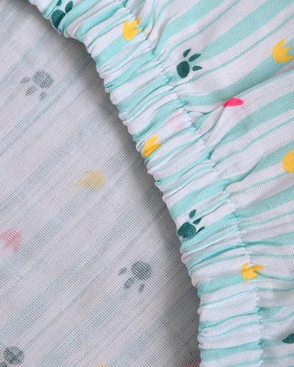 Twingle 100% Organic Muslin Fitted Cot Bedsheet-Paw Strokes-Generously Sized-Secured All-Round Elastic for Snug Fit-Softens with each Wash-Blue-Pack of 1-For Infants
