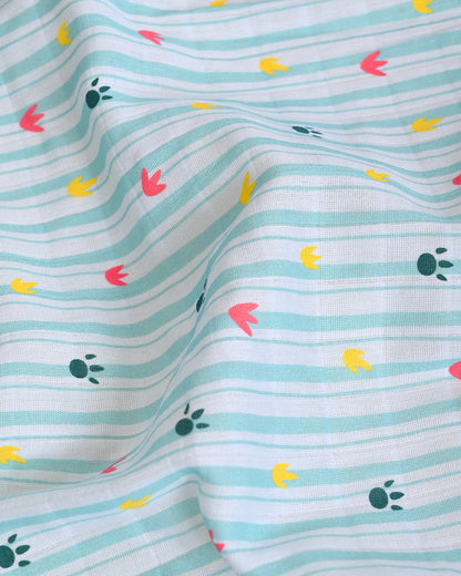 Twingle 100% Organic Muslin Fitted Cot Bedsheet-Paw Strokes-Generously Sized-Secured All-Round Elastic for Snug Fit-Softens with each Wash-Blue-Pack of 1-For Infants