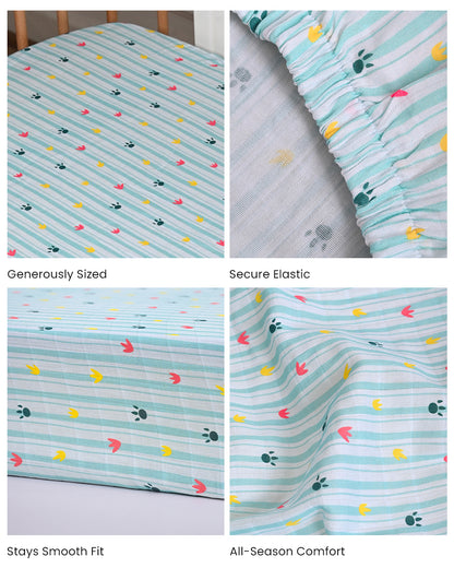 Twingle 100% Organic Muslin Fitted Cot Bedsheet-Paw Strokes-Generously Sized-Secured All-Round Elastic for Snug Fit-Softens with each Wash-Blue-Pack of 1-For Infants