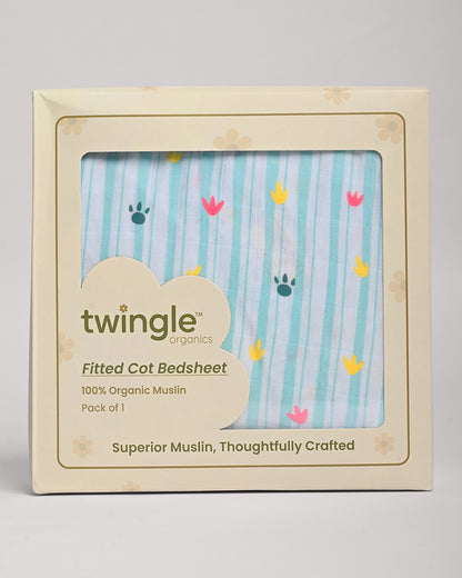 Twingle 100% Organic Muslin Fitted Cot Bedsheet-Paw Strokes-Generously Sized-Secured All-Round Elastic for Snug Fit-Softens with each Wash-Blue-Pack of 1-For Infants