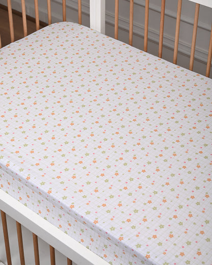 Twingle 100% Organic Muslin Fitted Cot Bedsheet-Picnic Checks-Generously Sized-Secured All-Round Elastic for Snug Fit-Softens with each Wash-White-Pack of 1-For Infants