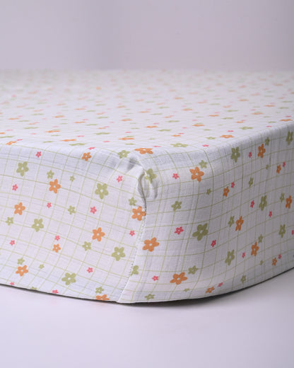 Twingle 100% Organic Muslin Fitted Cot Bedsheet-Picnic Checks-Generously Sized-Secured All-Round Elastic for Snug Fit-Softens with each Wash-White-Pack of 1-For Infants