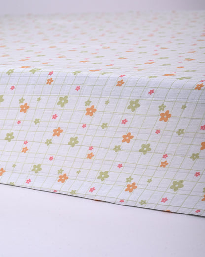 Twingle 100% Organic Muslin Fitted Cot Bedsheet-Picnic Checks-Generously Sized-Secured All-Round Elastic for Snug Fit-Softens with each Wash-White-Pack of 1-For Infants