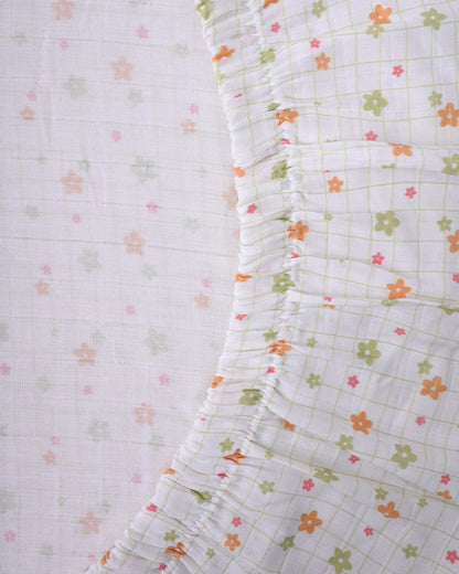 Twingle 100% Organic Muslin Fitted Cot Bedsheet-Picnic Checks-Generously Sized-Secured All-Round Elastic for Snug Fit-Softens with each Wash-White-Pack of 1-For Infants