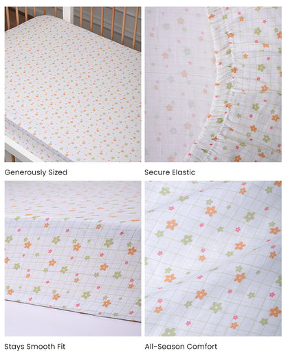 Twingle 100% Organic Muslin Fitted Cot Bedsheet-Picnic Checks-Generously Sized-Secured All-Round Elastic for Snug Fit-Softens with each Wash-White-Pack of 1-For Infants