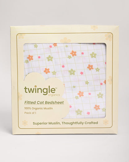 Twingle 100% Organic Muslin Fitted Cot Bedsheet-Picnic Checks-Generously Sized-Secured All-Round Elastic for Snug Fit-Softens with each Wash-White-Pack of 1-For Infants
