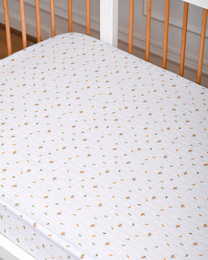 Twingle 100% Organic Muslin Fitted Cot Bedsheet-Leafy Mush-Generously Sized-Secured All-Round Elastic for Snug Fit-Softens with each Wash-White-Pack of 1-For Infants