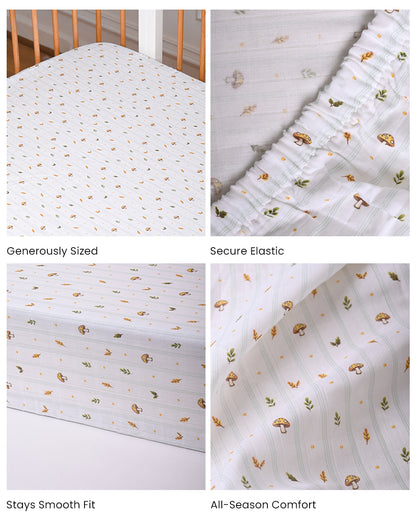 Twingle 100% Organic Muslin Fitted Cot Bedsheet-Leafy Mush-Generously Sized-Secured All-Round Elastic for Snug Fit-Softens with each Wash-White-Pack of 1-For Infants