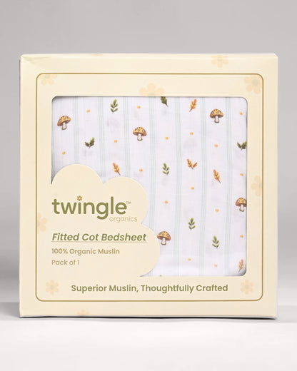 Twingle 100% Organic Muslin Fitted Cot Bedsheet-Leafy Mush-Generously Sized-Secured All-Round Elastic for Snug Fit-Softens with each Wash-White-Pack of 1-For Infants