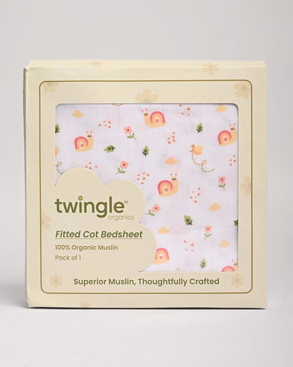 Twingle 100% Organic Muslin Fitted Cot Bedsheet-Snail Trail-Generously Sized-Secured All-Round Elastic for Snug Fit-Softens with each Wash-White-Pack of 1-For Infants