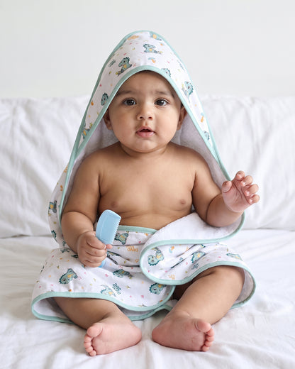 Twingle 100% Organic Muslin Baby Hooded Towel-Hooded Design & Quick Drying-Dino Dare-White & Light Blue-For Infants