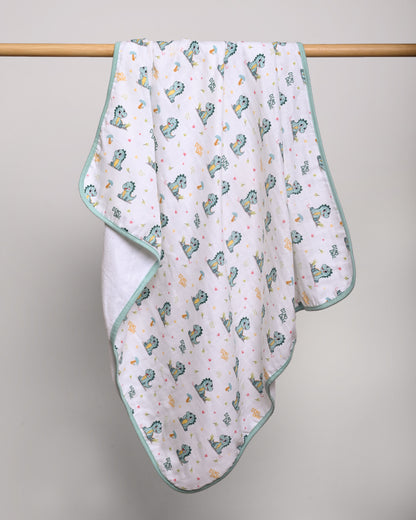 Twingle 100% Organic Muslin Baby Hooded Towel-Hooded Design & Quick Drying-Dino Dare-White & Light Blue-For Infants