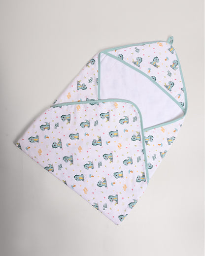 Twingle 100% Organic Muslin Baby Hooded Towel-Hooded Design & Quick Drying-Dino Dare-White & Light Blue-For Infants