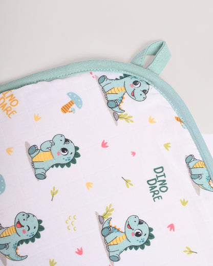 Twingle 100% Organic Muslin Baby Hooded Towel-Hooded Design & Quick Drying-Dino Dare-White & Light Blue-For Infants