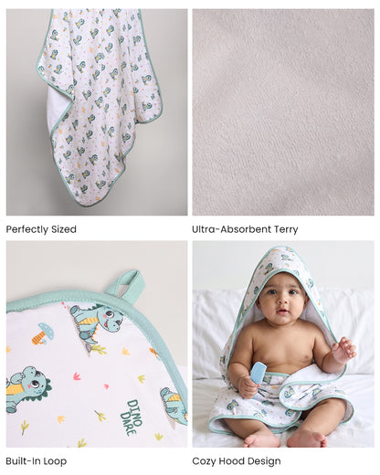 Twingle 100% Organic Muslin Baby Hooded Towel-Hooded Design & Quick Drying-Dino Dare-White & Light Blue-For Infants