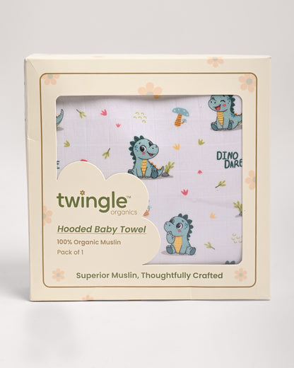 Twingle 100% Organic Muslin Baby Hooded Towel-Hooded Design & Quick Drying-Dino Dare-White & Light Blue-For Infants