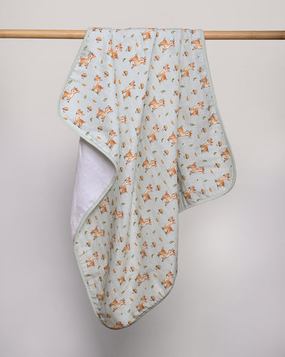Twingle 100% Organic Muslin Baby Hooded Towel-Hooded Design & Quick Drying-Fawnie Friends-White & Light Blue-For Infants