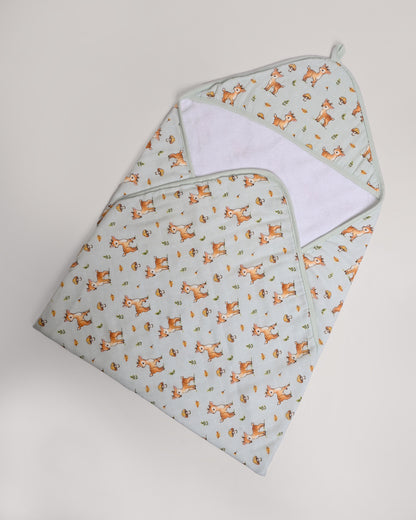 Twingle 100% Organic Muslin Baby Hooded Towel-Hooded Design & Quick Drying-Fawnie Friends-White & Light Blue-For Infants