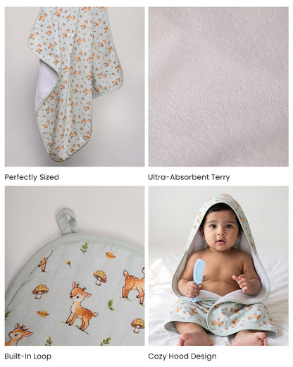 Twingle 100% Organic Muslin Baby Hooded Towel-Hooded Design & Quick Drying-Fawnie Friends-White & Light Blue-For Infants