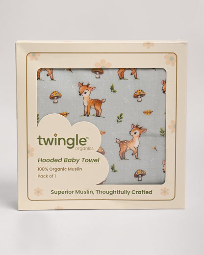 Twingle 100% Organic Muslin Baby Hooded Towel-Hooded Design & Quick Drying-Fawnie Friends-White & Light Blue-For Infants
