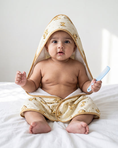 Twingle 100% Organic Muslin Baby Hooded Towel-Hooded Design & Quick Drying-Giffy Garden-White & Cream-For Infants