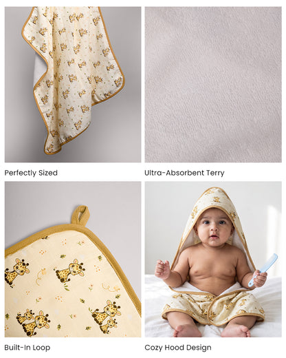 Twingle 100% Organic Muslin Baby Hooded Towel-Hooded Design & Quick Drying-Giffy Garden-White & Cream-For Infants