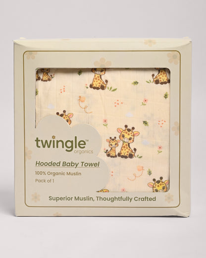 Twingle 100% Organic Muslin Baby Hooded Towel-Hooded Design & Quick Drying-Giffy Garden-White & Cream-For Infants