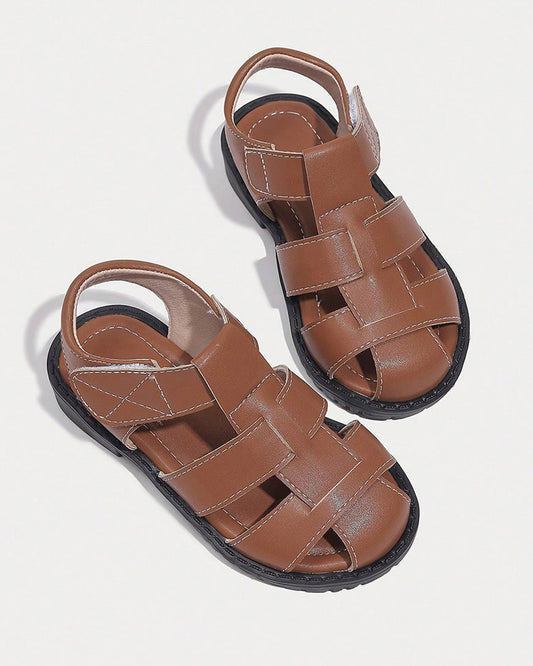 NINO BELLO Tan Brown Side Cut Strappy Velcro Sandals For Infants