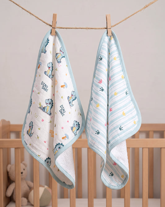 Twingle 100% Organic Muslin Wash Cloths-Soft Terry on the Back for maximum Absorbency-Built In Loop for Everyday Convenience-Dino Dare & Paw Strokes Print-Pack of 2-For Infants