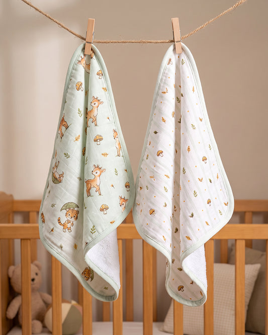 Twingle 100% Organic Muslin Wash Cloths-Soft Terry on the Back for maximum Absorbency-Built In Loop for Everyday Convenience-Fawnie Friends & Leafy Mush Print-Pack of 2-For Infants