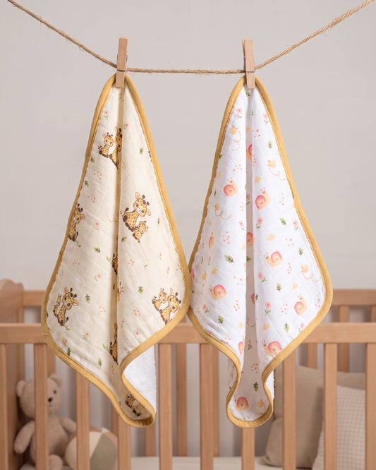 Twingle 100% Organic Muslin Wash Cloths-Soft Terry on the Back for maximum Absorbency-Built In Loop for Everyday Convenience-Giffy Garden & Snail Trail Print-Pack of 2-For Infants