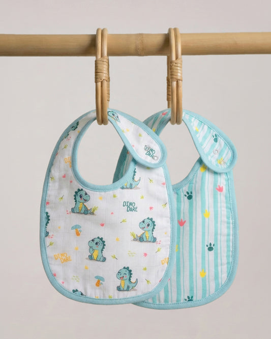 Twingle 100% Organic Muslin Bib-Soft Terry on the Back for maximum Absorbency-Trusted YKK Snaps-Dino Dare & Paw Strokes Print-Pack of 2-For Infants