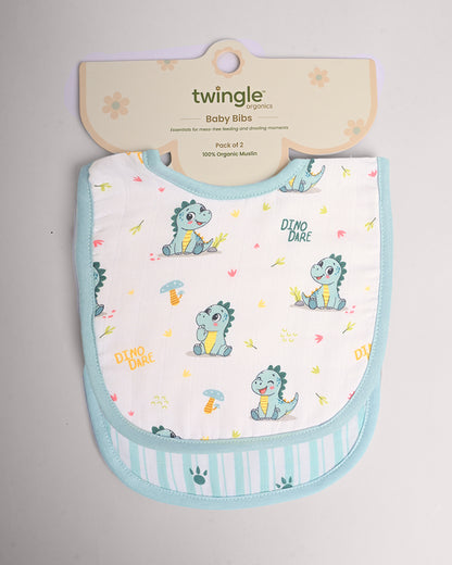 Twingle 100% Organic Muslin Bib-Soft Terry on the Back for maximum Absorbency-Trusted YKK Snaps-Dino Dare & Paw Strokes Print-Pack of 2-For Infants