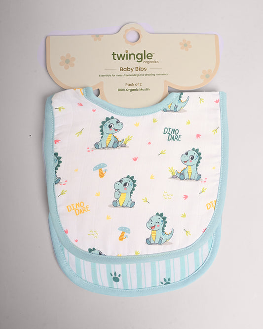 Twingle 100% Organic Muslin Bib-Soft Terry on the Back for maximum Absorbency-Trusted YKK Snaps-Dino Dare & Paw Strokes Print-Pack of 2-For Infants